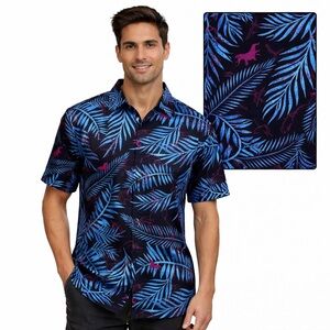 Tropical Novelty – Funny Guy Unicorn Palm Print Button Down – Blue Purple M